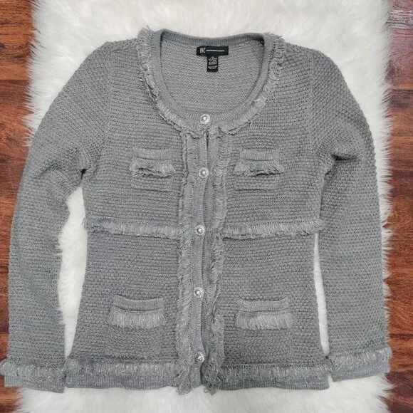 INC International Concepts Gray Silver Speckles Fringe Trim Knit Cardigan XL - Picture 2 of 12